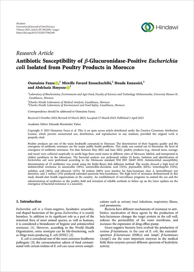 Susceptibilidad a los antibióticos de Escherichia coli β-glucuronidasa positiva aislada de productos avícolas en Marruecos (En inglés)